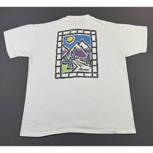 Rare Vintage 90s Alpine Outdoor Mountains Art White Pocket Tee XL USA Made